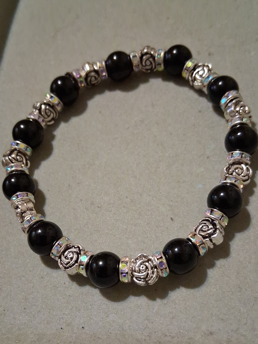 Black Onyx Beaded Rose Accent Stretch Bracelet - Unbranded